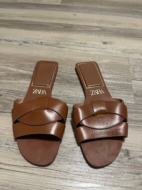 ZARA Brown Woven Leather Slide Mules